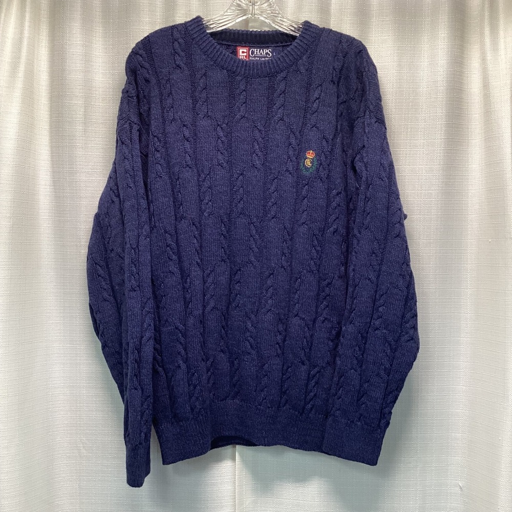 Chaps Ralph Lauren Mens Navy Blue Cable Knit Cotton Crest Sweater Large Preppy